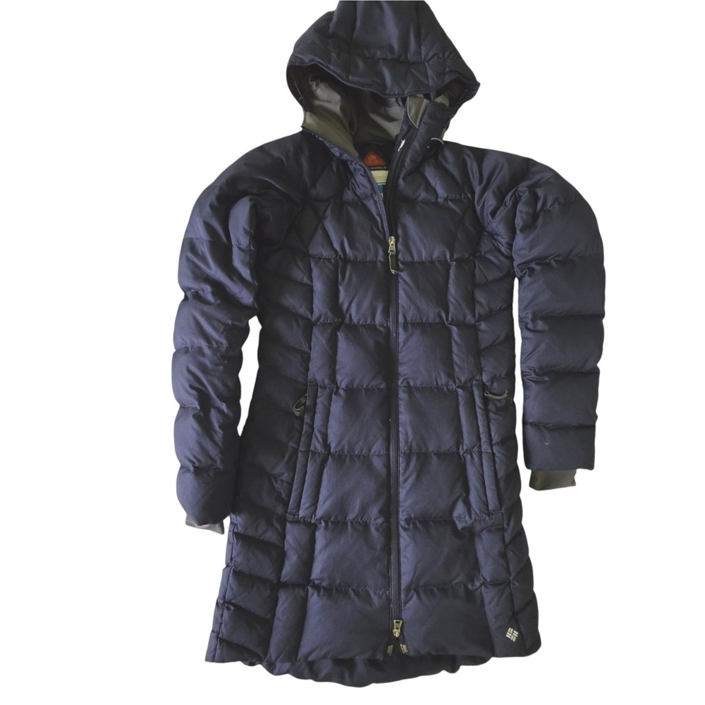 Columbia Womens Puffer Parka Navy Blue Omni-Heat 700 Fill Down Hooded Small